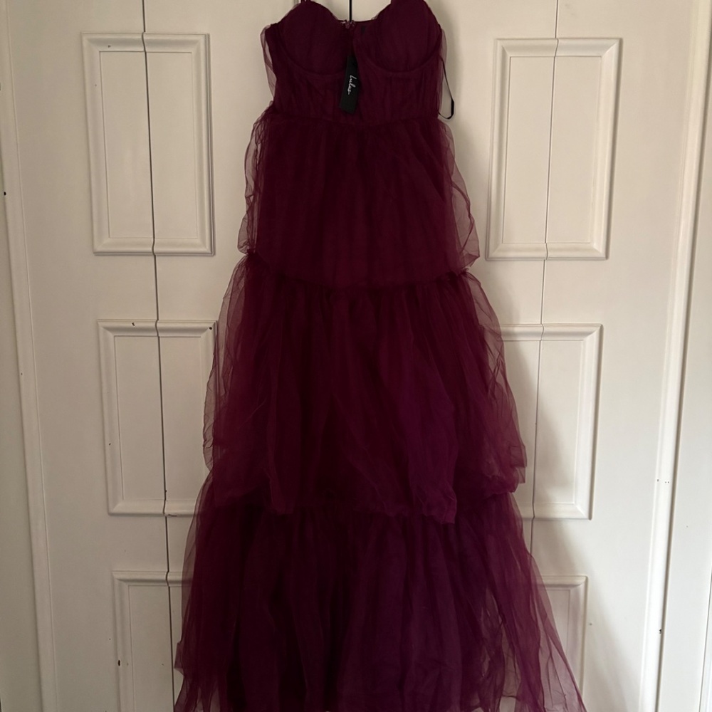 Lulus Unforgettable Poise Plum Purple Tulle Bustier Tiered Maxi Dress - Size M - Picture 2 of 2